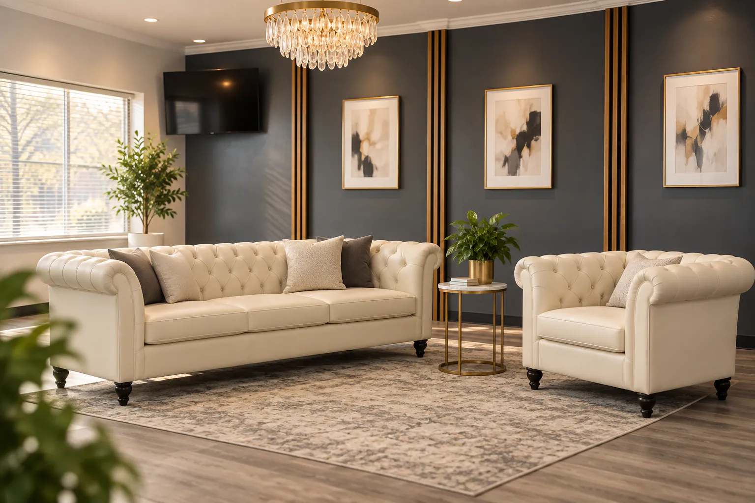 Synthesised image: a waiting room with cream tufted sofas, a brass side table and a crystal chandelier in front of a dark wall with gold slats and framed abstract art.