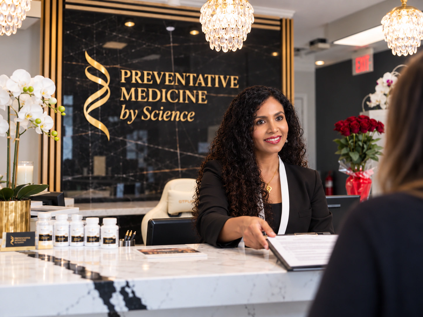 Synthesised image: a woman in a black blazer greeting a patient at a marble front desk, with orchids, chandeliers and the practice name lettered in gold on a dark marble wall.